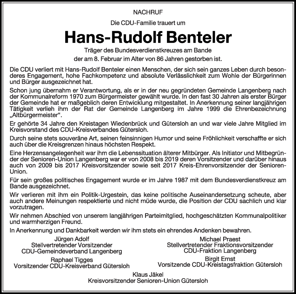  Traueranzeige für Hans-Rudolf Benteler vom 11.02.2023 aus Die Glocke