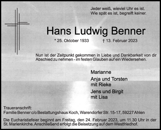 Traueranzeige von Hans Ludwig Benner von Die Glocke