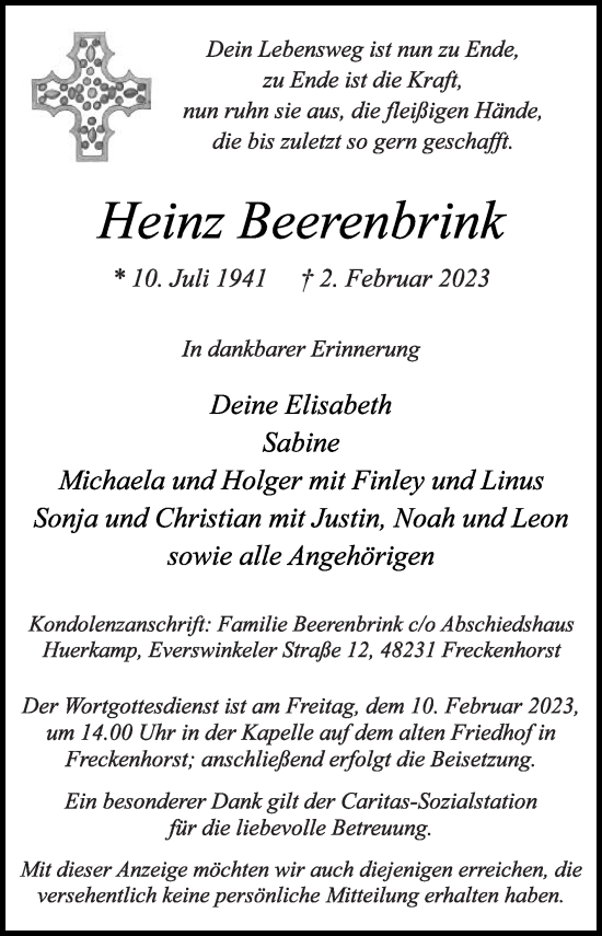 Traueranzeige von Heinz Beerenbrink von Die Glocke