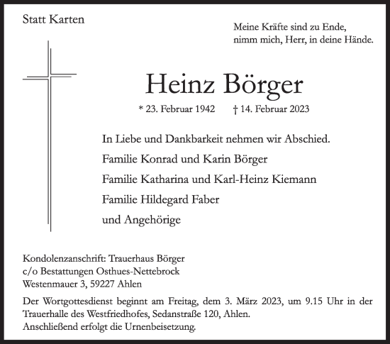 Traueranzeige von Heinz Börger von Die Glocke