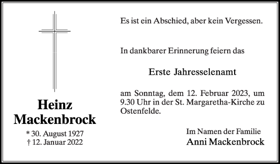 Traueranzeige von Heinz Mackenbrock von Die Glocke