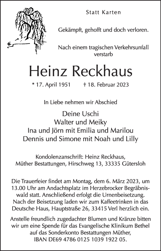 Traueranzeige von Heinz Reckhaus von Die Glocke