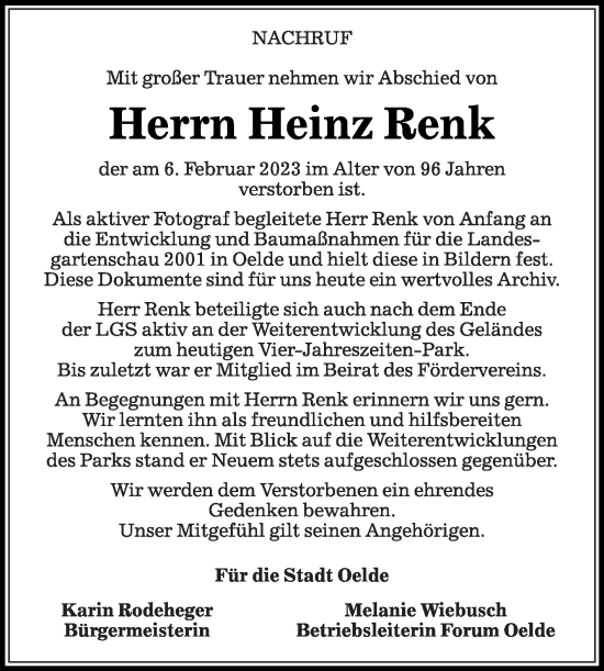 Traueranzeige von Heinz Renk von Die Glocke