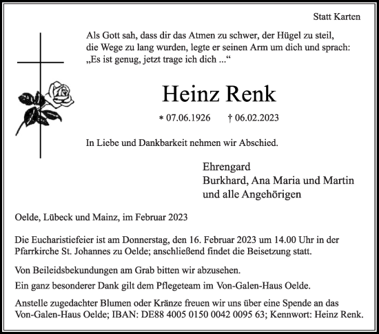 Traueranzeige von Heinz Renk von Die Glocke