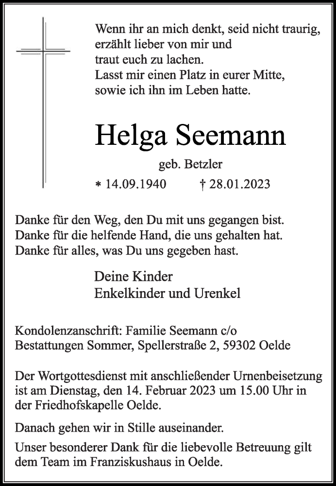  Traueranzeige für Helga Seemann vom 04.02.2023 aus Die Glocke