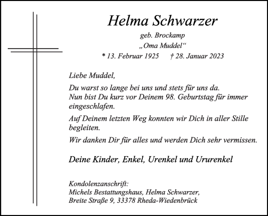 Traueranzeige von Helma Schwarzer von Die Glocke