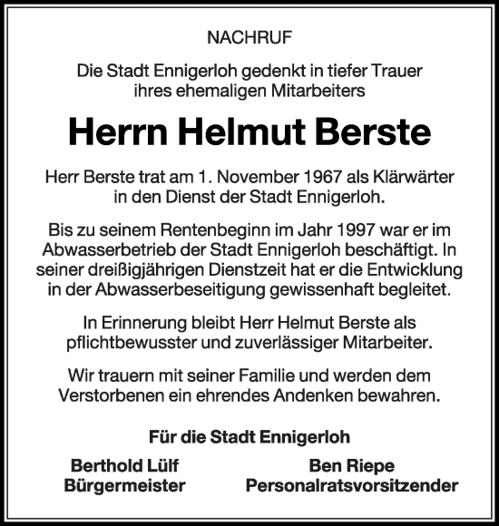 Traueranzeige von Helmut Berste von Die Glocke