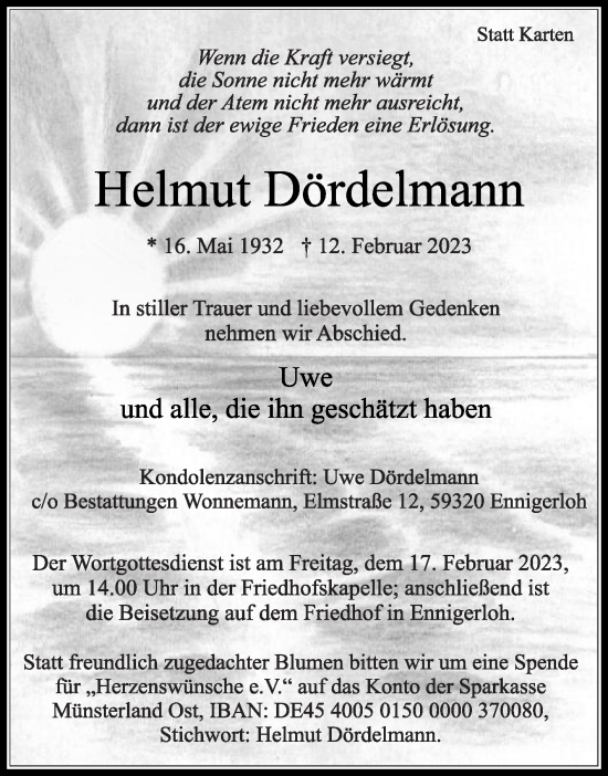 Traueranzeige von Helmut Dördelmann von Die Glocke