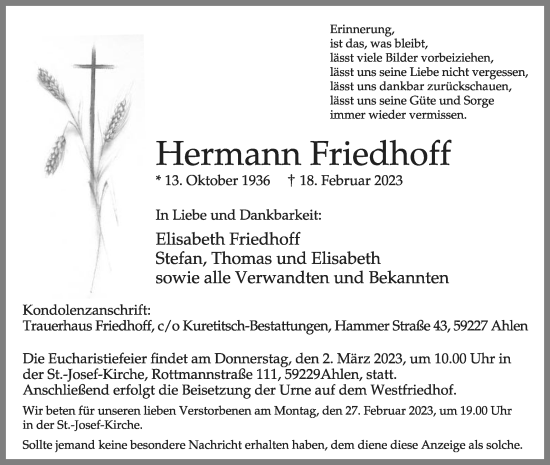 Traueranzeige von Hermann Friedhoff von Die Glocke