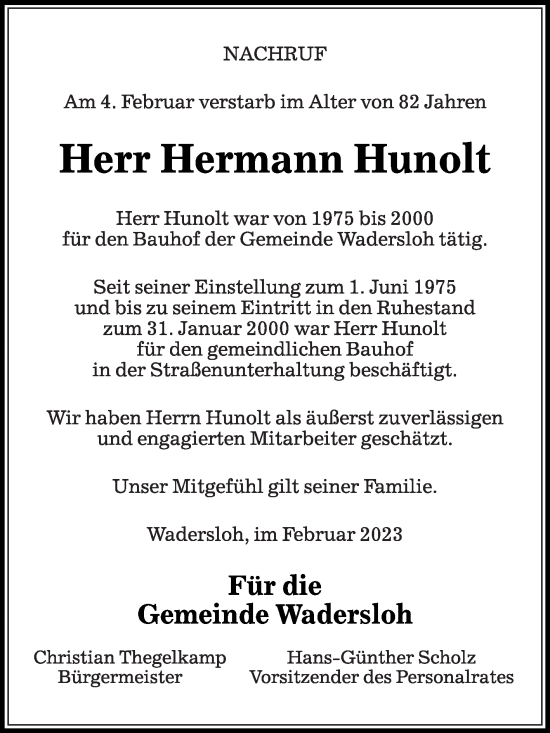 Traueranzeige von Hermann Hunolt von Die Glocke
