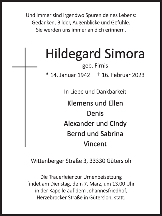 Traueranzeige von Hildegard Simora von Die Glocke