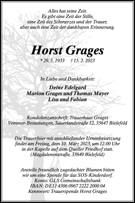 Traueranzeige von Horst Grages von Die Glocke