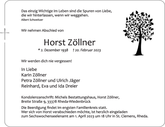 Traueranzeige von Horst Zöllner von Die Glocke