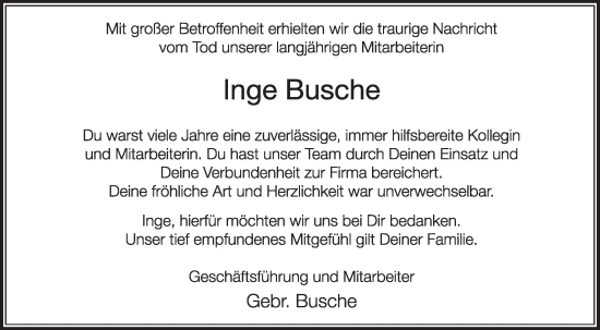 Traueranzeige von Inge Busche von Die Glocke