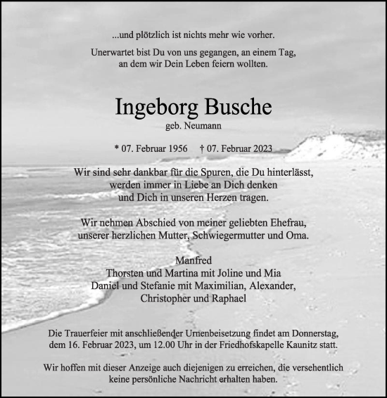 Traueranzeige von Ingeborg Busche von Die Glocke
