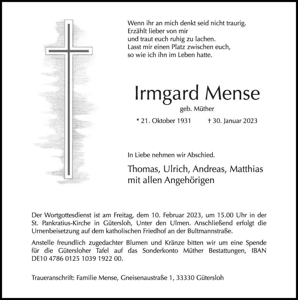 Traueranzeigen von Irmgard Mense | trauer.die-glocke.de