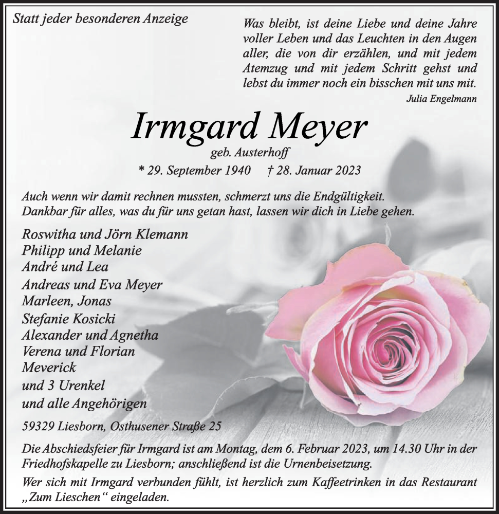 Traueranzeige für Irmgard Meyer vom 01.02.2023 aus Die Glocke