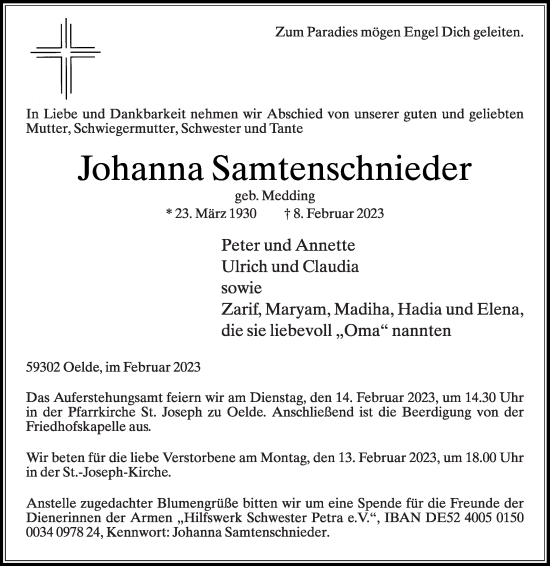 Traueranzeige von Johanna Samtenschnieder von Die Glocke
