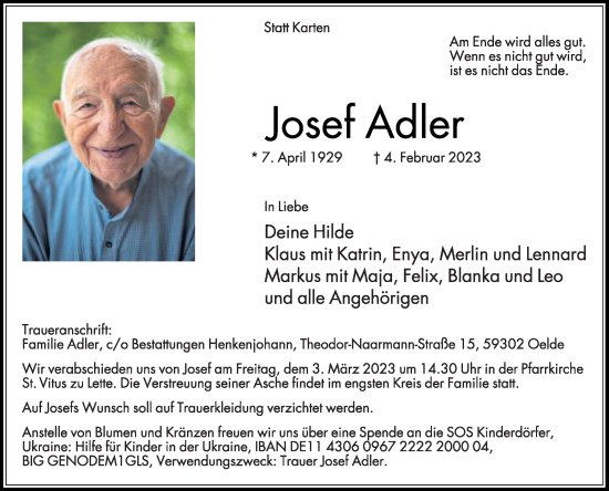 Traueranzeige von Josef Adler von Die Glocke