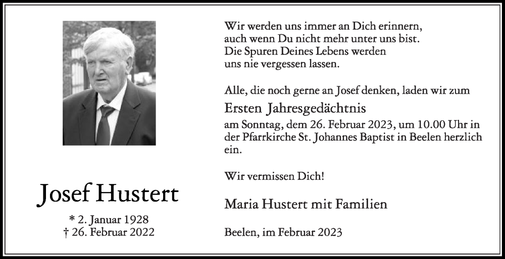  Traueranzeige für Josef Hustert vom 18.02.2023 aus Die Glocke