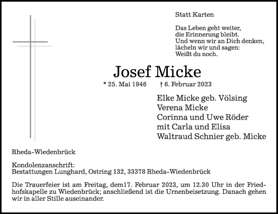 Traueranzeige von Josef Micke von Die Glocke