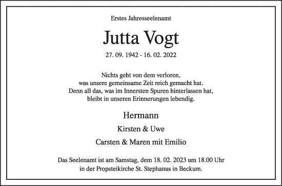 Traueranzeige von Jutta Vogt von Die Glocke