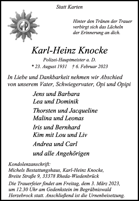 Traueranzeige von Karl-Heinz Knocke von Die Glocke