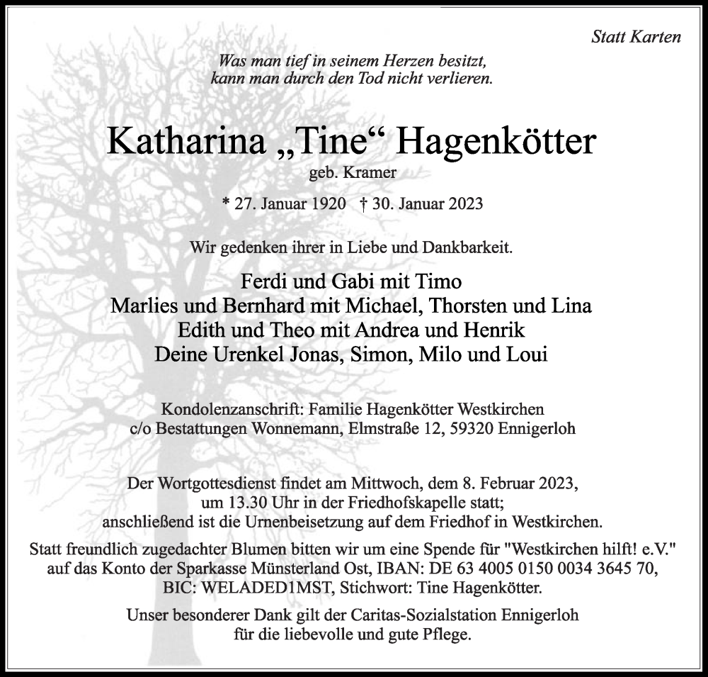  Traueranzeige für Katharina Hagenkötter vom 04.02.2023 aus Die Glocke