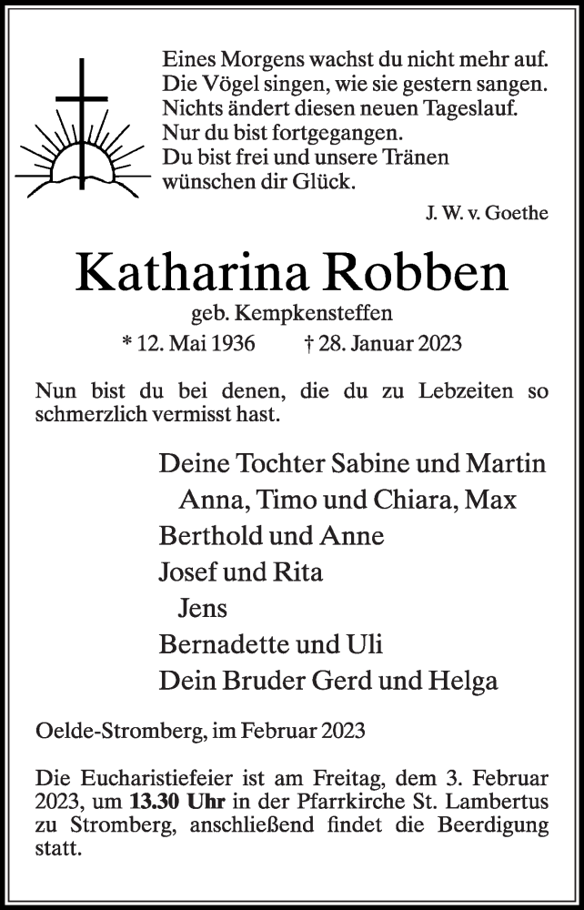  Traueranzeige für Katharina Robben vom 01.02.2023 aus Die Glocke