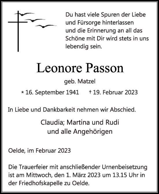 Traueranzeige von Leonore Passon von Die Glocke