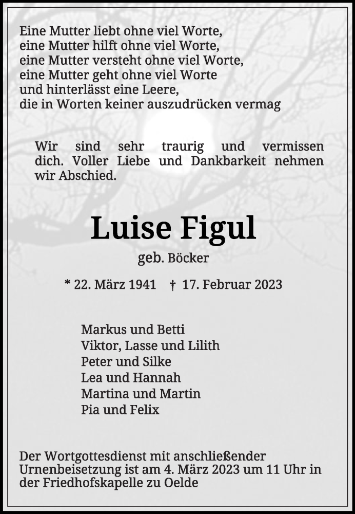 Traueranzeige für Luise Figul vom 25.02.2023 aus Die Glocke