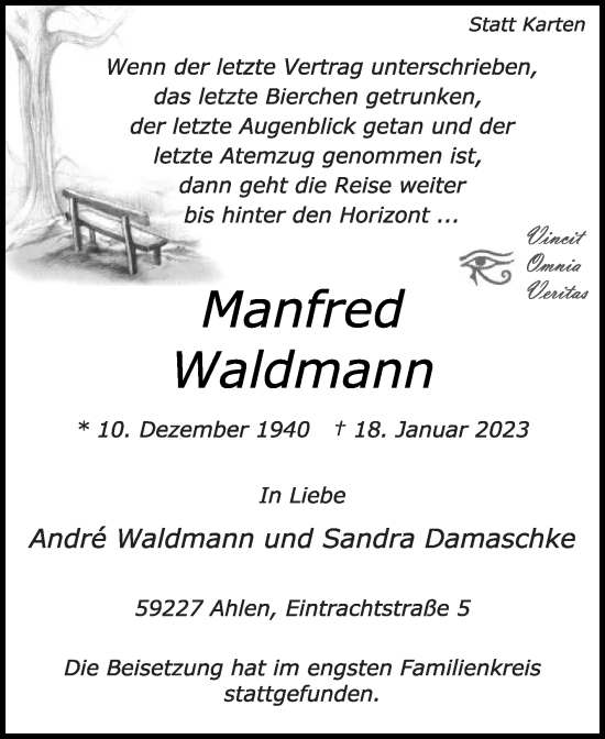 Traueranzeige von Manfred Waldmann von Die Glocke