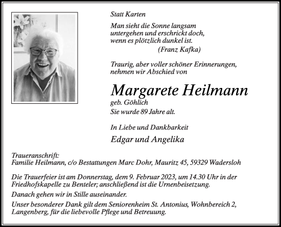 Traueranzeige von Margarete Heilmann von Die Glocke