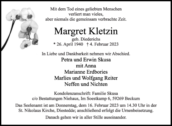 Traueranzeige von Margret Kletzin von Die Glocke