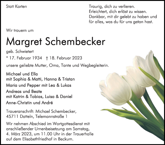 Traueranzeige von Margret Schembecker von Die Glocke