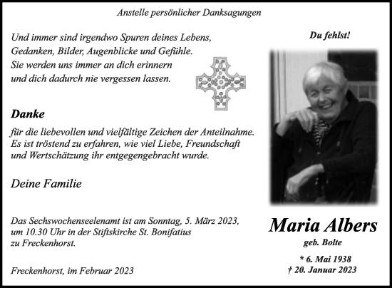 Traueranzeige von Maria Albers von Die Glocke