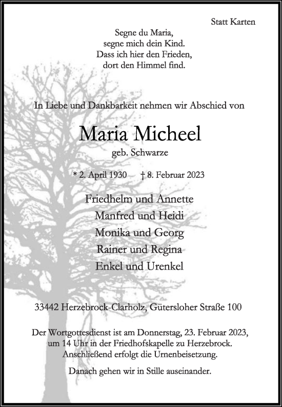 Traueranzeige von Maria Micheel von Die Glocke