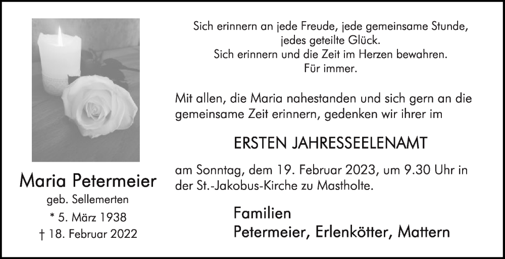  Traueranzeige für Maria Petermeier vom 11.02.2023 aus Die Glocke