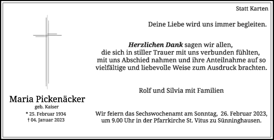 Traueranzeige von Maria Pickenäcker von Die Glocke