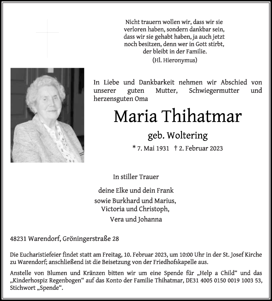  Traueranzeige für Maria Thihatmar vom 07.02.2023 aus Die Glocke