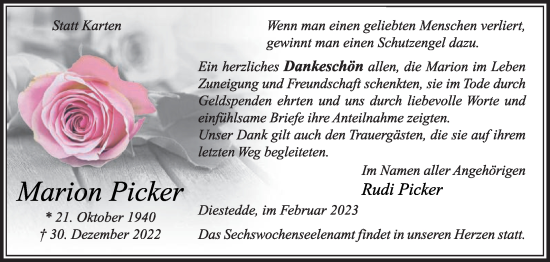 Traueranzeige von Marion Picker von Die Glocke