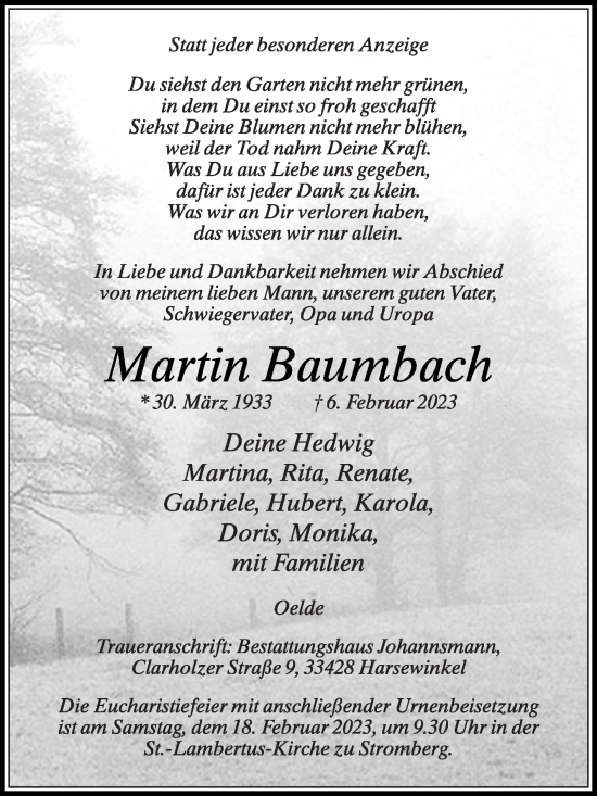 Traueranzeige von Martin Baumbach von Die Glocke