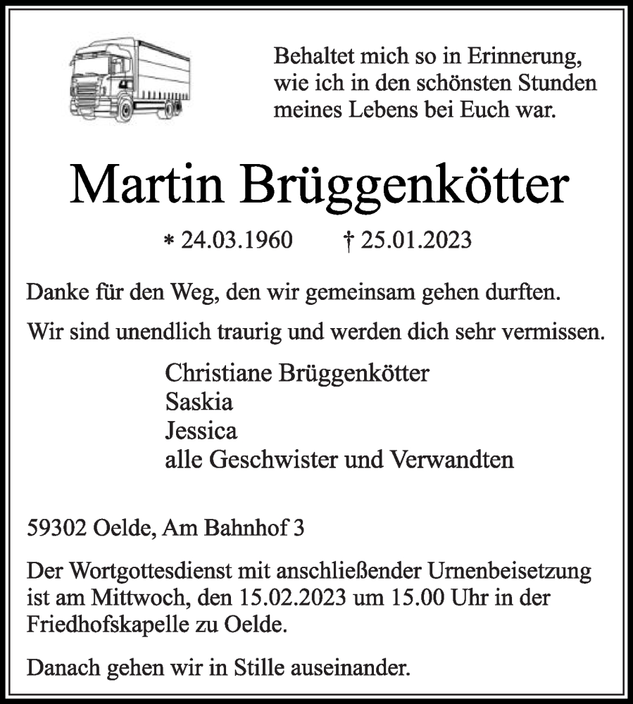  Traueranzeige für Martin Brüggenkötter vom 11.02.2023 aus Die Glocke