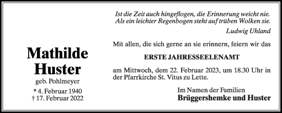 Traueranzeige von Mathilde Huster von Die Glocke