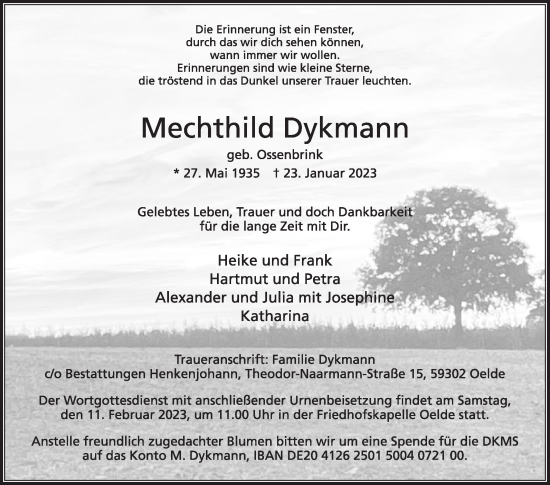 Traueranzeige von Mechthild Dykmann von Die Glocke