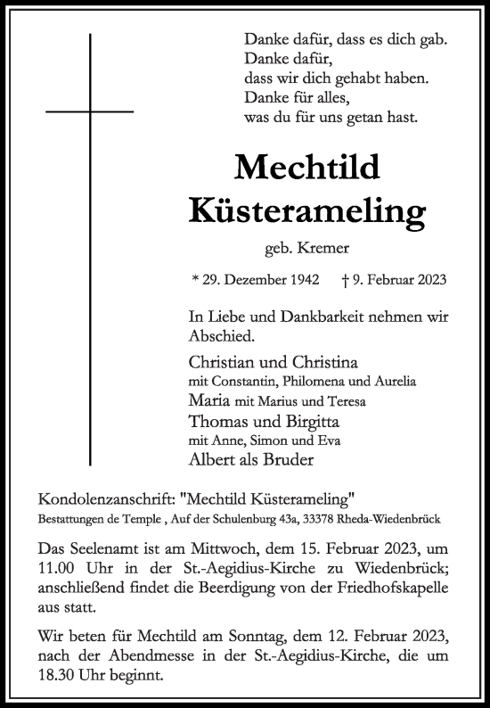 Traueranzeige von Mechtild Küsterameling von Die Glocke