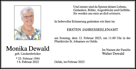 Traueranzeige von Monika Dewald von Die Glocke