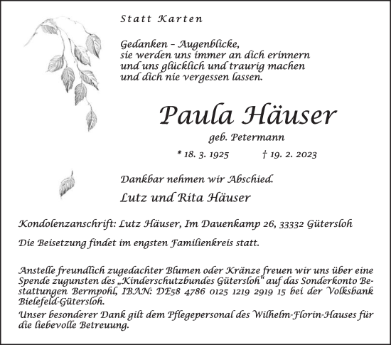 Traueranzeige von Paula Häuser von Die Glocke