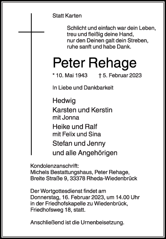 Traueranzeige von Peter Rehage von Die Glocke