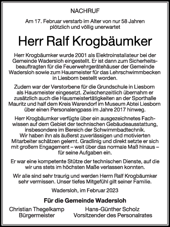 Traueranzeige von Ralf Krogbäumker von Die Glocke